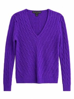 Ralph Lauren 100% Cashmere Purple Cable Knit V Neck Sweater Medium Slim Fit